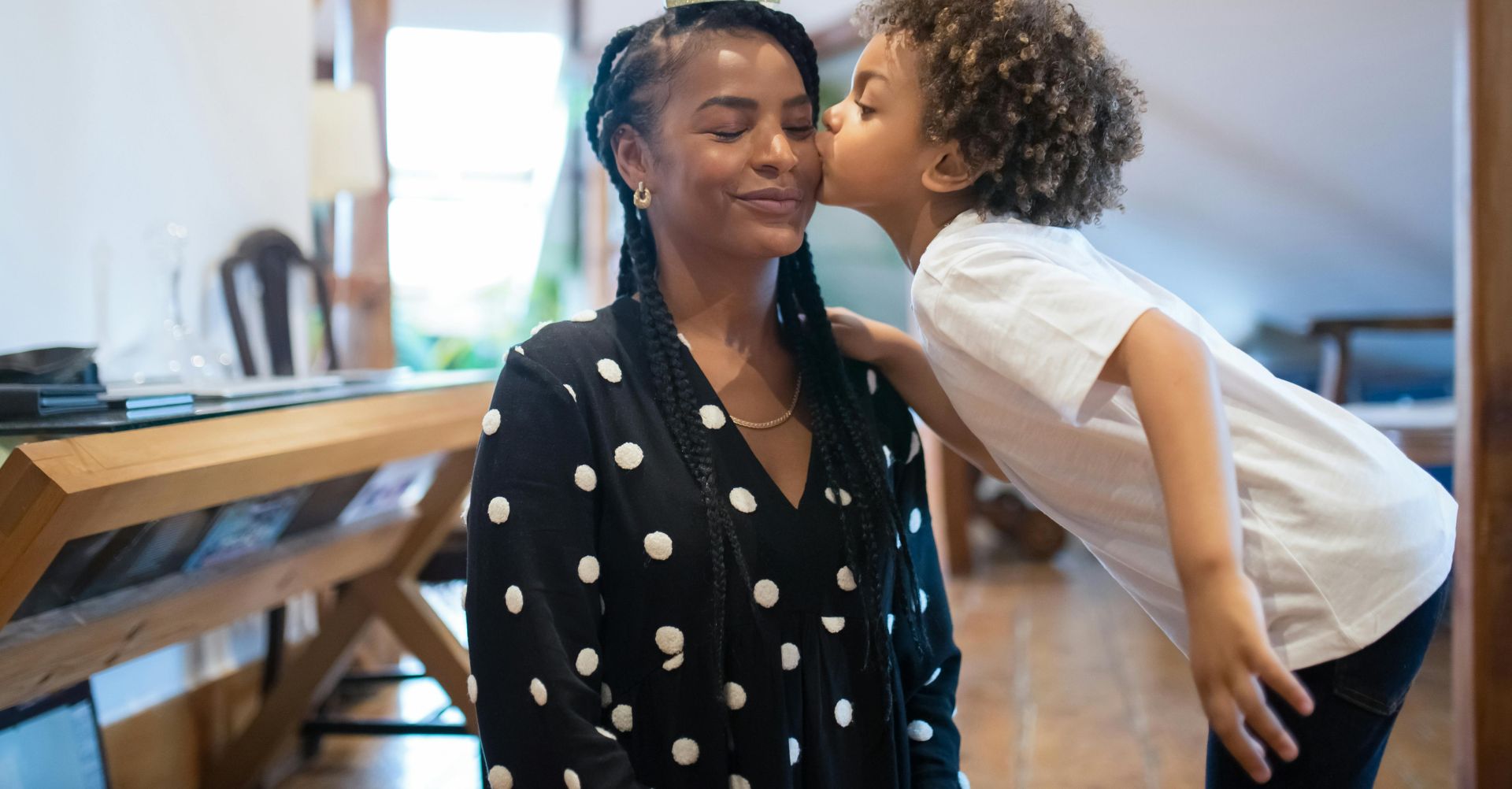 Little Child Kissing Mother in Golden Crown